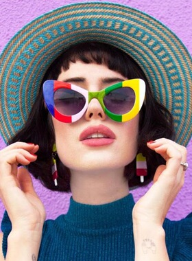 芭比同款欧美五彩时尚猫眼墨镜女潮个性小框街拍太阳镜女