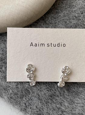 Aaim 银色三颗玫瑰花耳环小众ins风925银针法式复古耳饰女