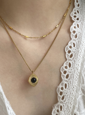 Aaim 双层项链叠戴复古气质太阳花黑玛瑙项链日常高级感锁骨链女