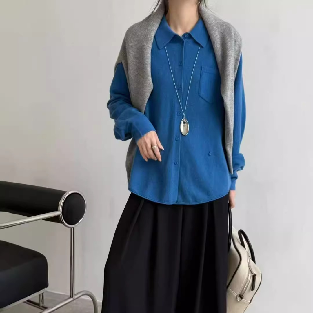 欧货口袋设计衬衫款羊毛针织开衫女2025秋季新款宽松慵懒百搭外套