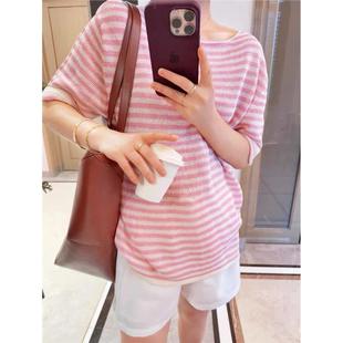 欧洲站高端进口和纸纱针织衫 宽松显瘦上衣 圆领条纹短袖 t恤女罩衫
