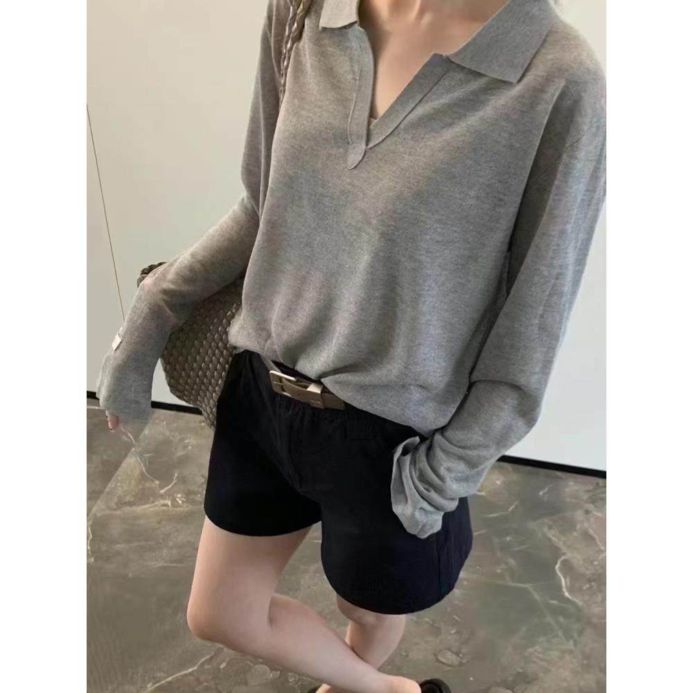 2025早秋新款天丝亚麻针织衫女Polo领上衣薄款松弛防晒长袖罩衫潮