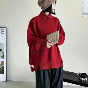 欧洲站2024冬季新款下摆开叉全羊毛针织衫翻领高级感慵懒风毛衣女