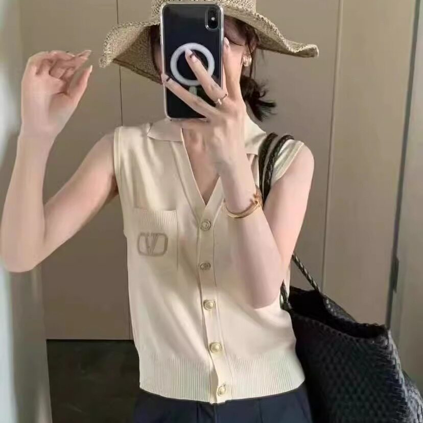 欧洲站时尚翻领刺绣无袖针织背心女2025夏季新V领冰丝T恤气质上衣