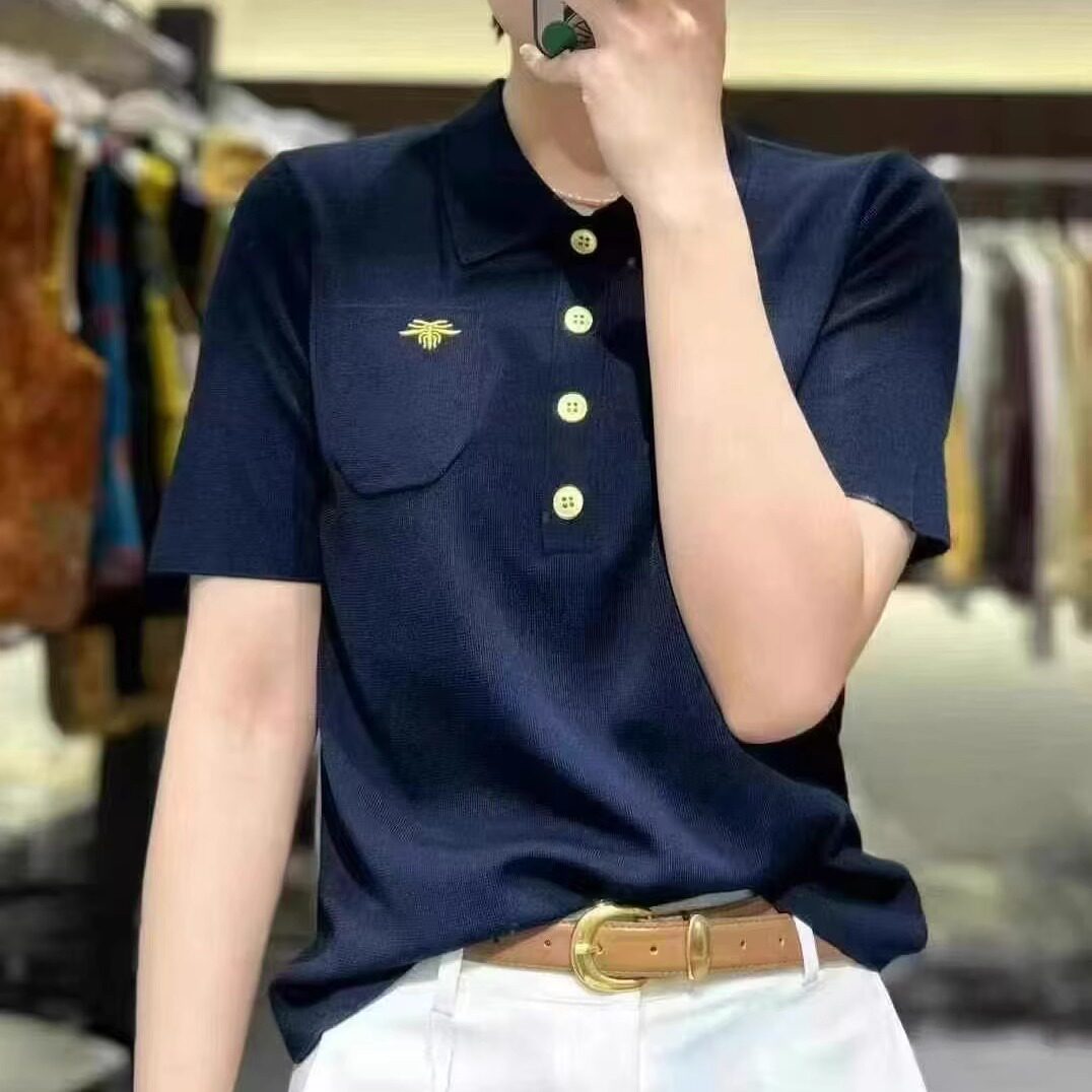 欧货POLO领小蜜蜂刺绣桑蚕丝短袖t恤女2025新款法式针织衫上衣潮