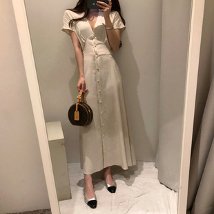 三小姐的咖啡法国小众棉麻v领收腰连衣裙女夏季复古气质显瘦长裙