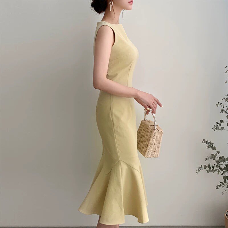 三小姐的咖啡无袖鱼尾裙包臀裙连衣裙2026新款女夏收腰荷叶边裙子