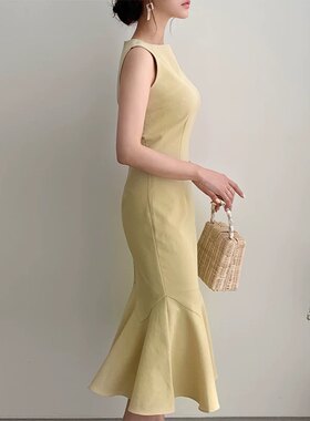 三小姐的咖啡无袖鱼尾裙包臀裙连衣裙2026新款女夏收腰荷叶边裙子