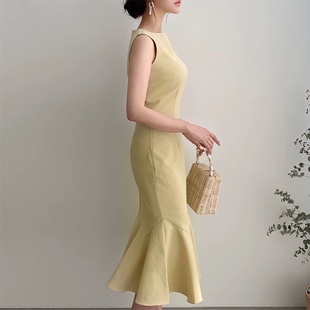 三小姐的咖啡无袖鱼尾裙包臀裙连衣裙2026新款女夏收腰荷叶边裙子