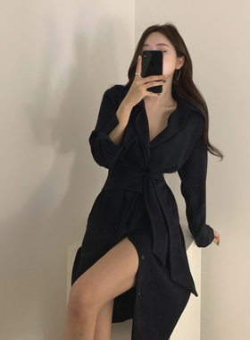 三小姐的咖啡韩国东大门polo领衬衫裙2026秋新绑带收腰显瘦连衣裙