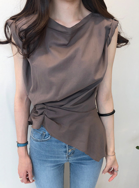 三小姐的咖啡港味不规则短袖t恤女夏韩版收腰ins纯棉纯色短款上衣