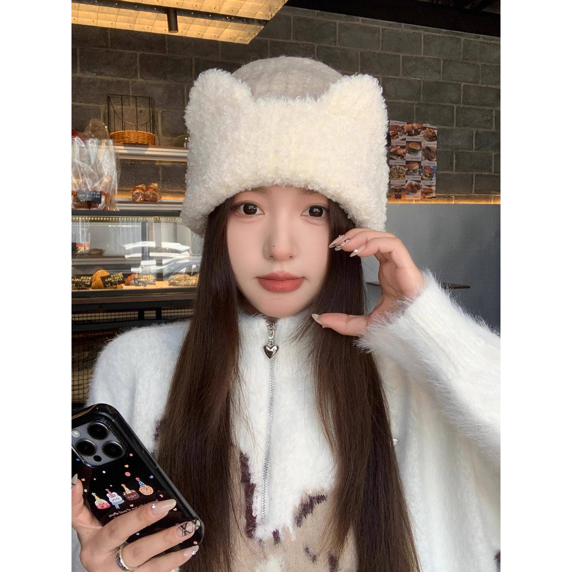 可爱猫耳朵混色毛线针织帽女秋冬季甜美时尚套头帽显脸小休闲帽子