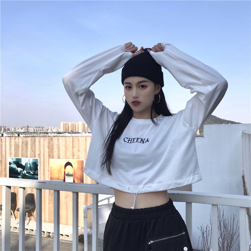 韩版原宿bf风短裤显瘦长袖T恤宽松字母刺绣抽绳收腰露脐上衣女潮在类目 女装/女士精品, T恤中 - 来自Buy2taobao.com提供专业的淘宝代购服务