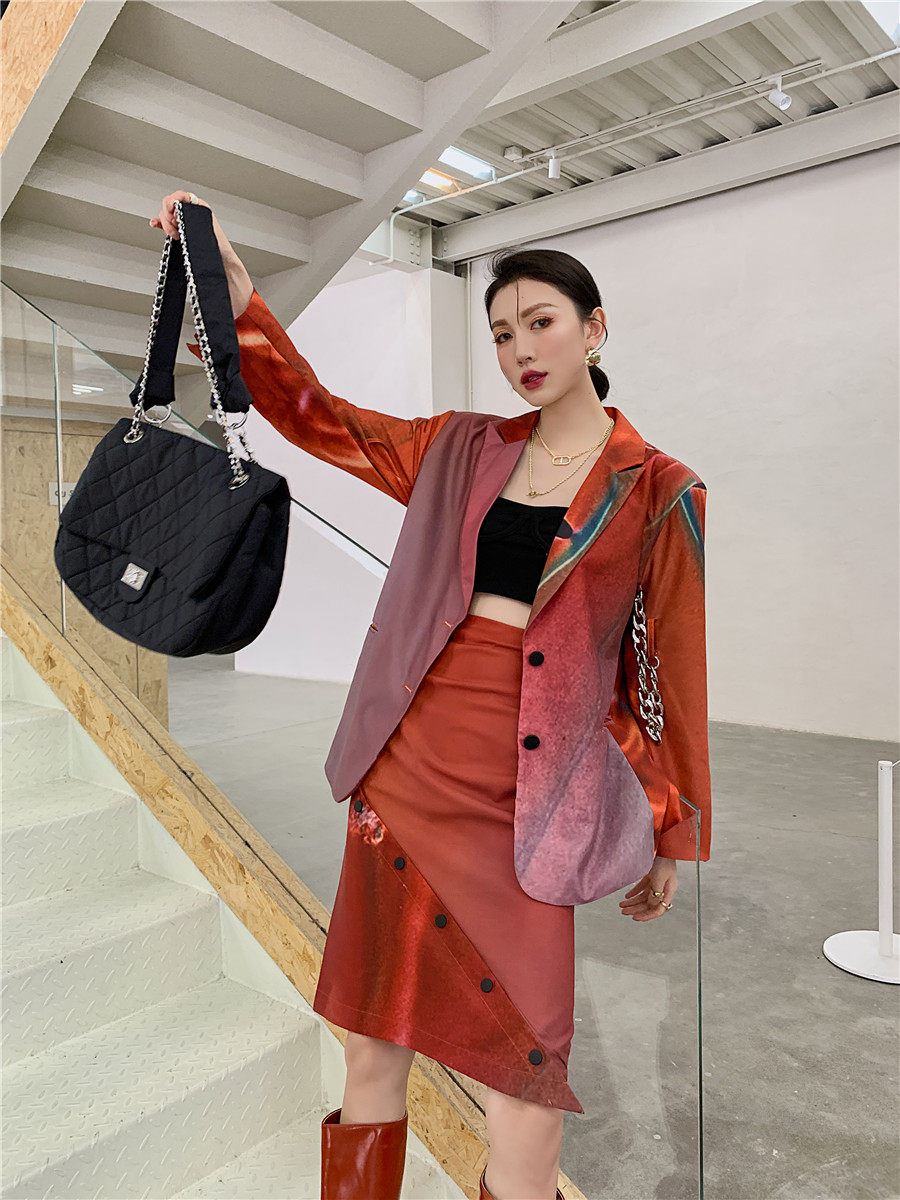 原创设计 渐变印花小众廓形西装落日余晖火焰红oversize炸街