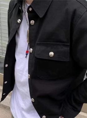十字架银扣工装夹克男2024秋季高街美式复古宽松嘻哈翻领外套潮牌
