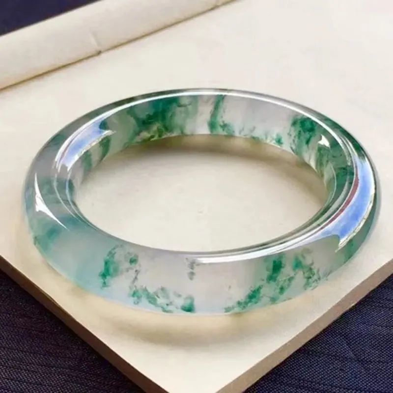 【专柜精品】正品天然翡翠色手镯冰种飘蓝花玉镯子正圈镯飘花H