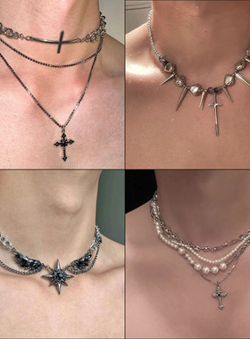 夏季男生锁骨链/小众设计感十字架多层叠戴项链嘻哈朋克风颈链