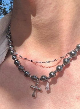 无序原创设计高级珍珠恶魔果实十字架多层项链choker个性男生颈链