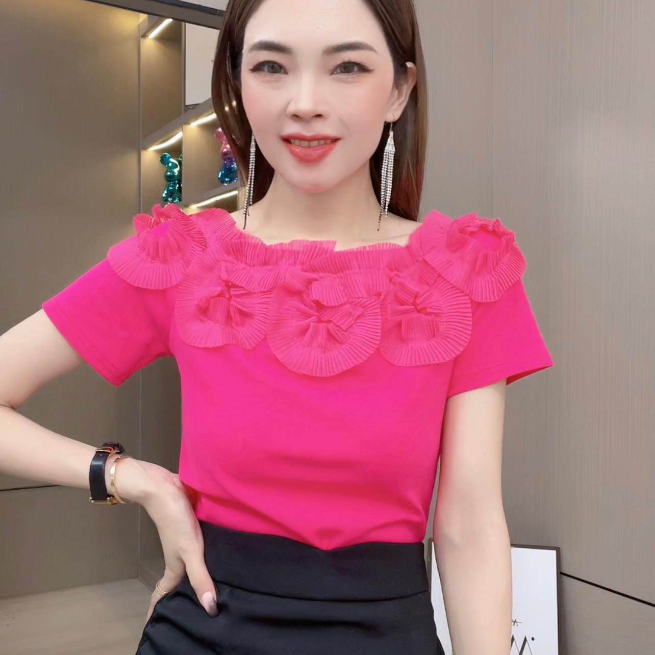 手工立体贴花小衫露肩时尚短袖T恤女2025夏新款洋气修身显瘦上衣