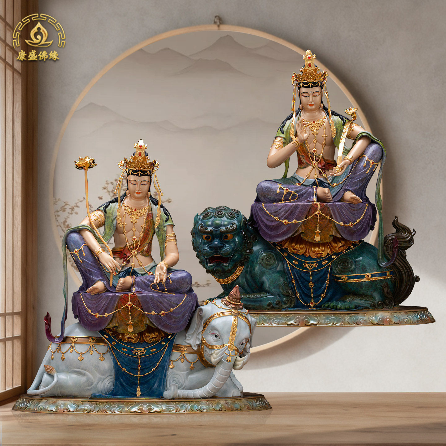 华严三圣文殊普贤铜像供奉摆件