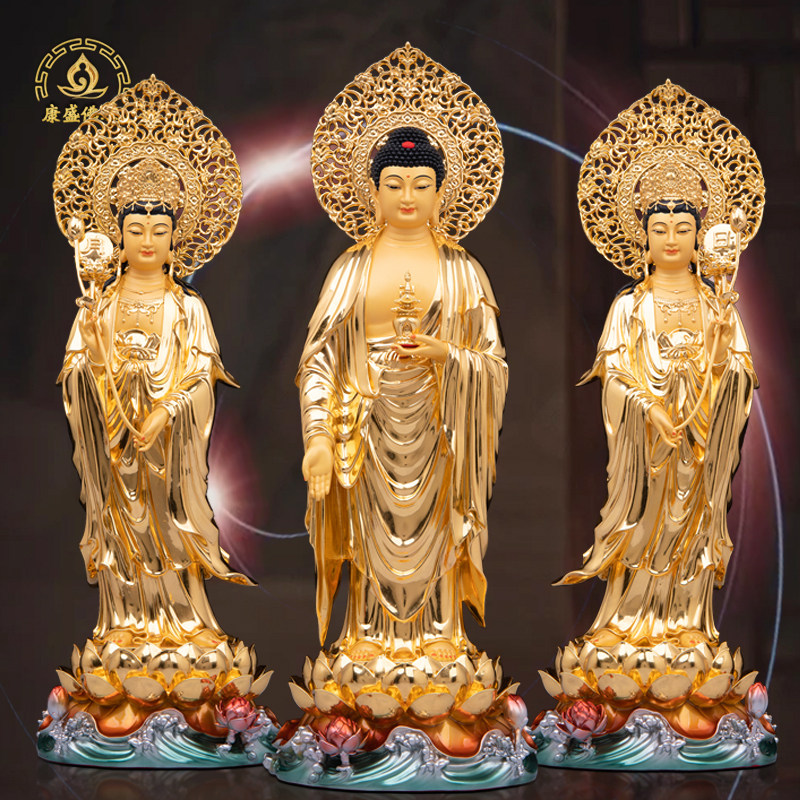 东方三圣神像铜贴金摆件药师佛日月光菩萨观音菩萨家用寺庙供奉