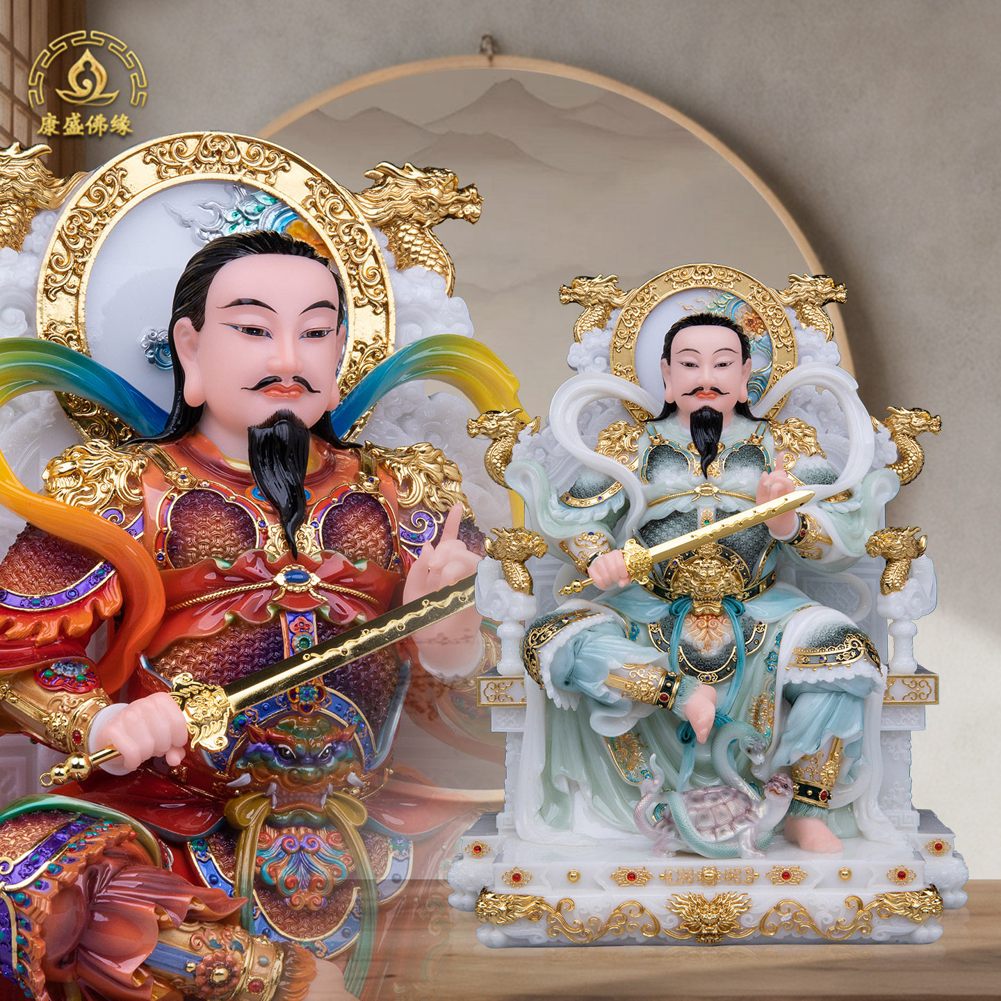玄天上帝神像汉白玉彩绘款真武大帝北帝玄武大帝神像家用堂口供奉