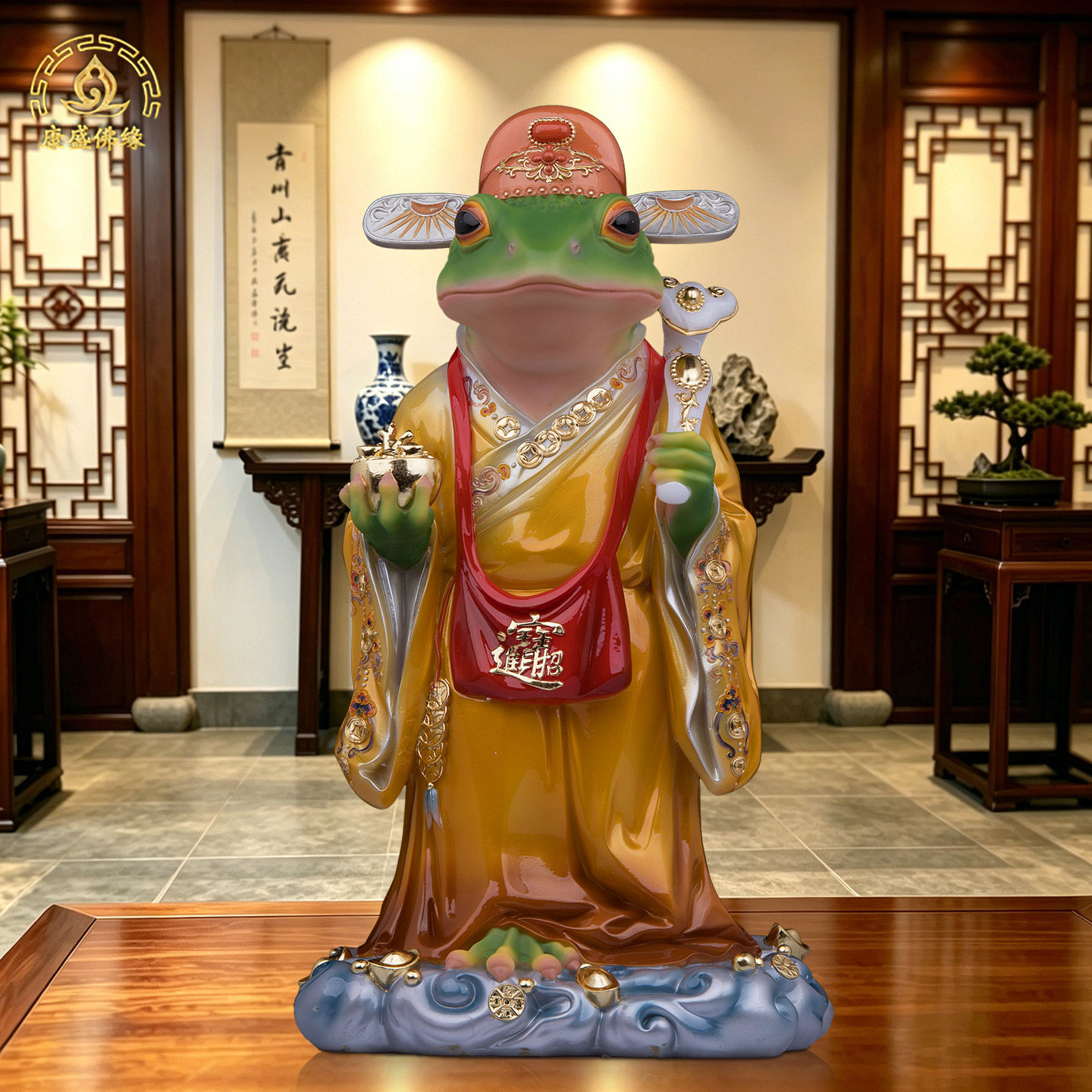 汉白玉金蝉招财蟾蜍神像摆件