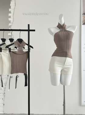 2026新款浪漫里尔无袖半高领金属扣针织衫修身条纹短款