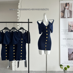 性感包臀 PROJECT恋综韩女一字肩挂脖连衣裙v领针织修身 2026新款