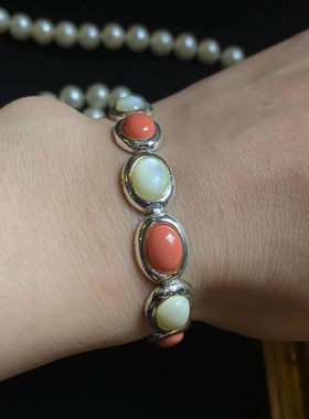 美国回流925纯银镶嵌天然母贝vintage手链  欧美首饰 国内现货