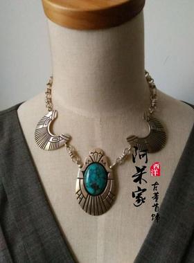 美国印第安925纯银天然高瓷绿松石大吊坠项链 设计师手工古董首饰
