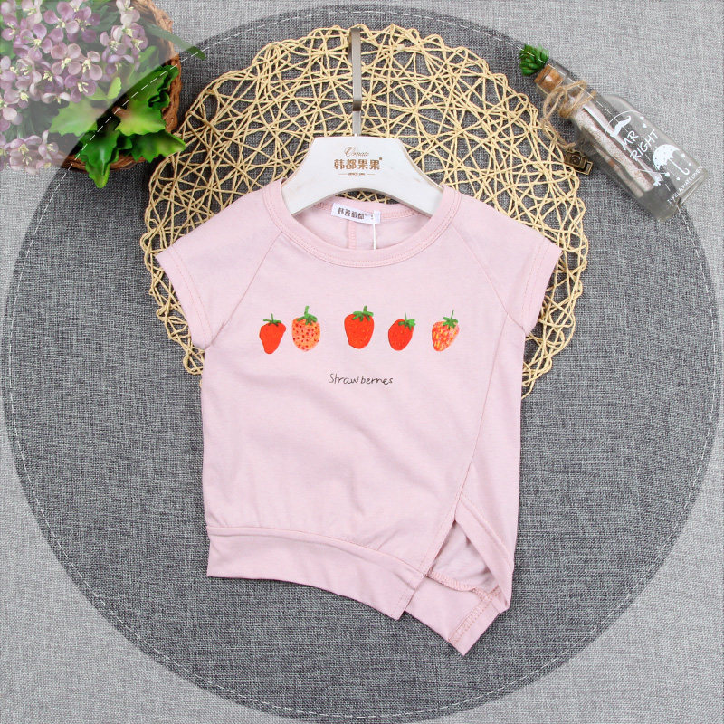 韩都果果正品夏季新款 女童装短袖宝宝纯棉上衣小童不规则草莓t恤
