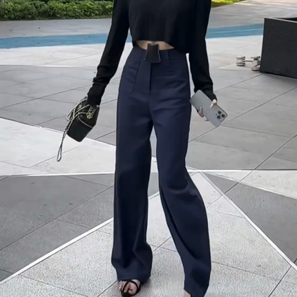 藏青色阔腿休闲裤子女2025年春季新款大码阔腿裤宽松显瘦直筒长裤