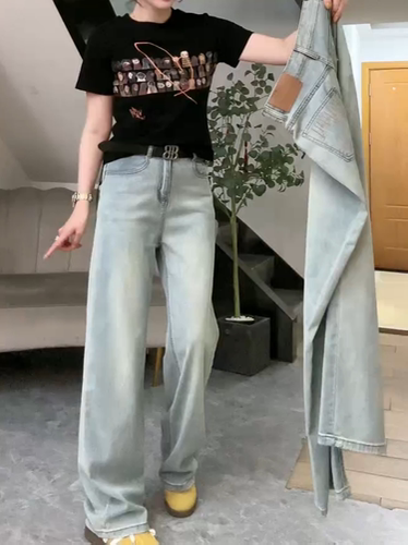 蓝色显瘦小个子直筒裤窄版牛仔裤