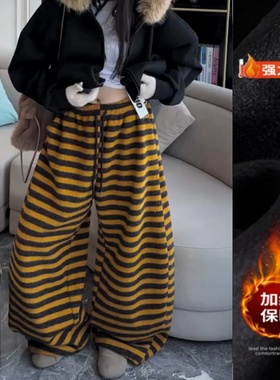 洋气潮流条纹弯刀休闲裤2025年冬季新款加绒显瘦宽松阔腿裤