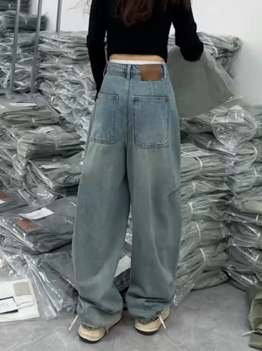 蓝色小个子显瘦直筒阔腿牛仔裤子