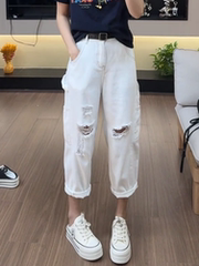 白色破洞哈伦牛仔裤女2024年秋季新款九分阔腿裤宽松显瘦老爹裤子