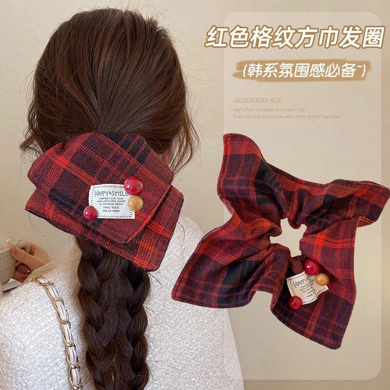 毛呢格子高级感方巾发饰发圈大肠圈女方形低马尾发绳皮筋头绳头饰