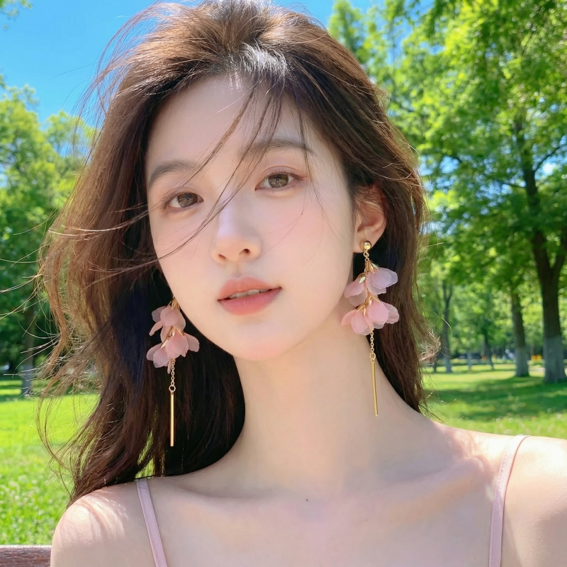 气质巨好看粉色网纱流苏花朵耳环女2026新款超仙绝美耳坠独特耳饰