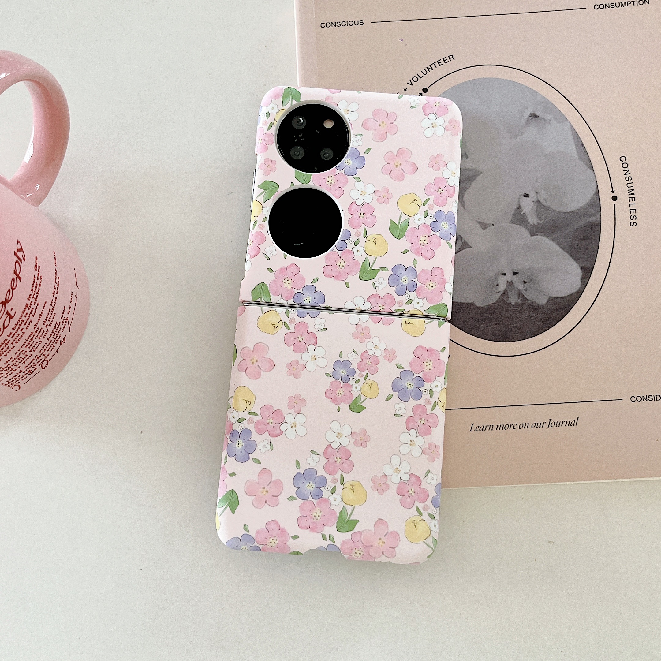 华为P50Pocket粉色小碎花硬壳