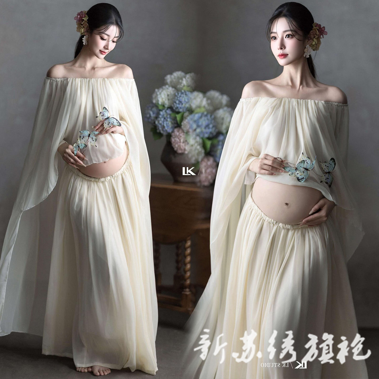依媚坊孕妇写真法式轻纱长裙