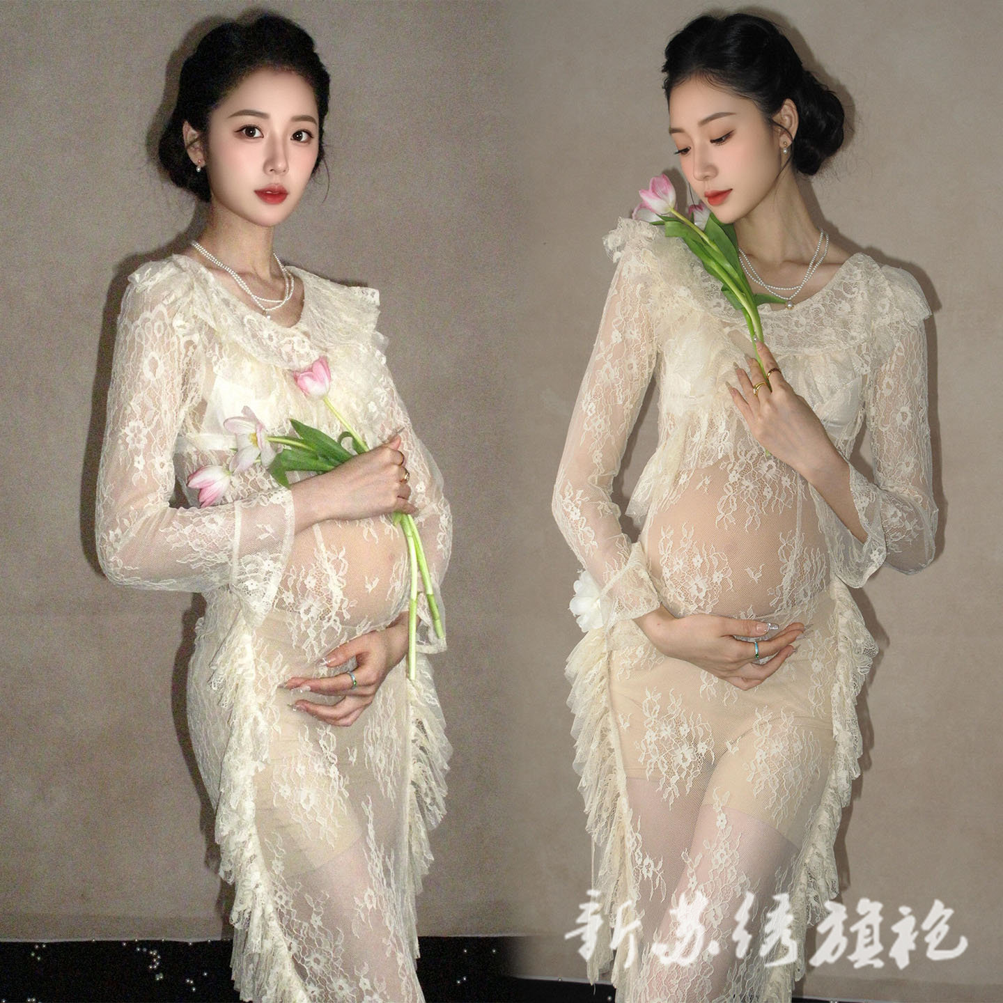 依媚坊孕妇写真法式蕾丝连衣裙