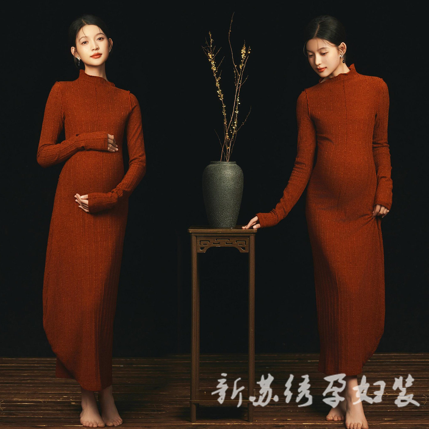 复古新中式红色连衣裙孕妈肖像