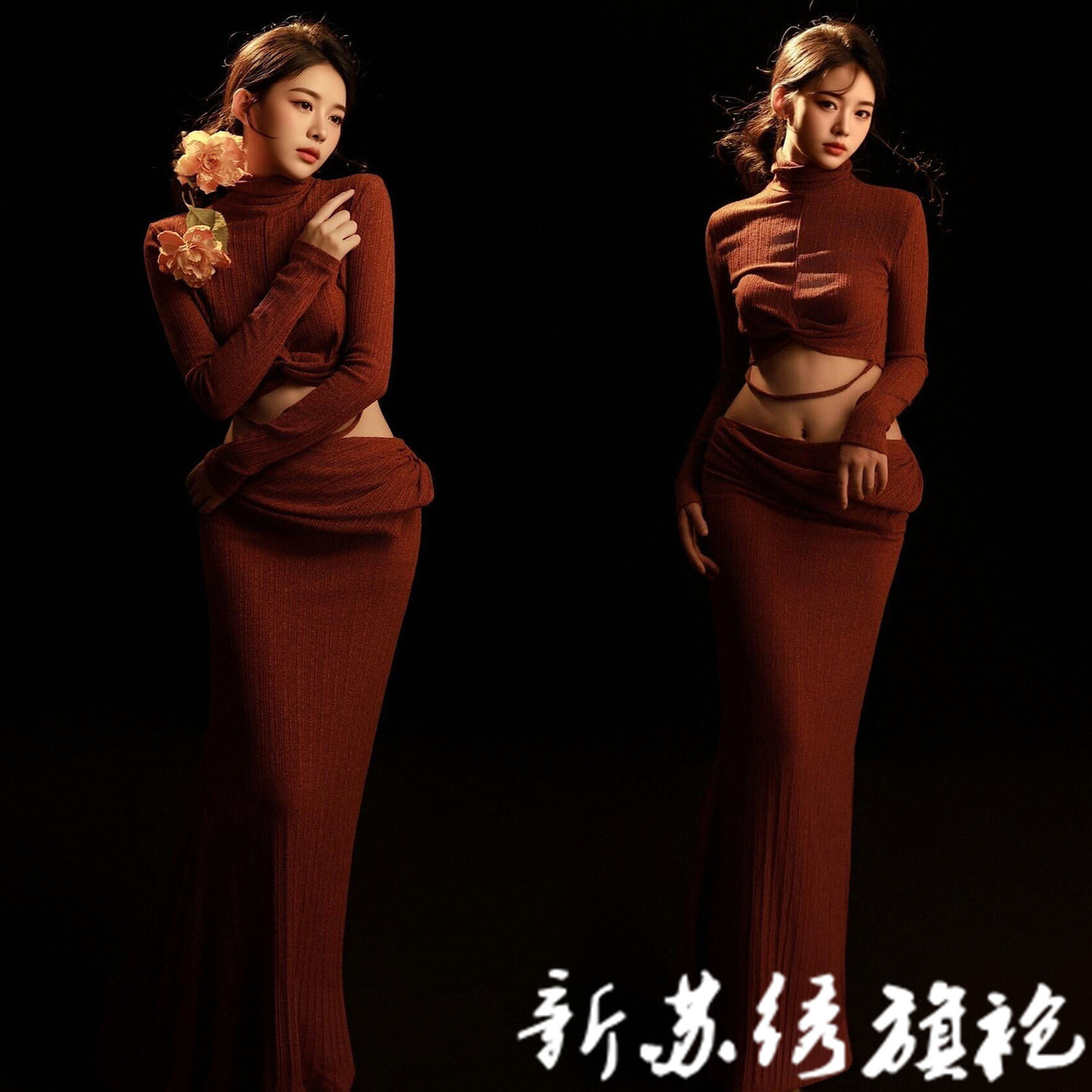 孕妇拍照复古红色连衣裙