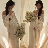 禅意影楼孕妇拍照摄影白色仙气汉服元 影楼新款 新中式 素丝麻连衣裙