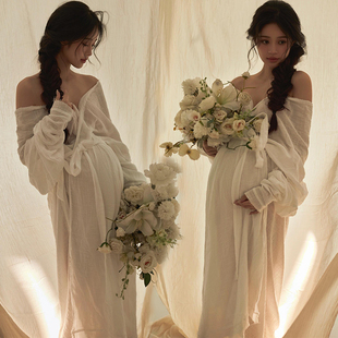 影楼新款新中式禅意影楼孕妇拍照摄影白色仙气汉服元素丝麻连衣裙