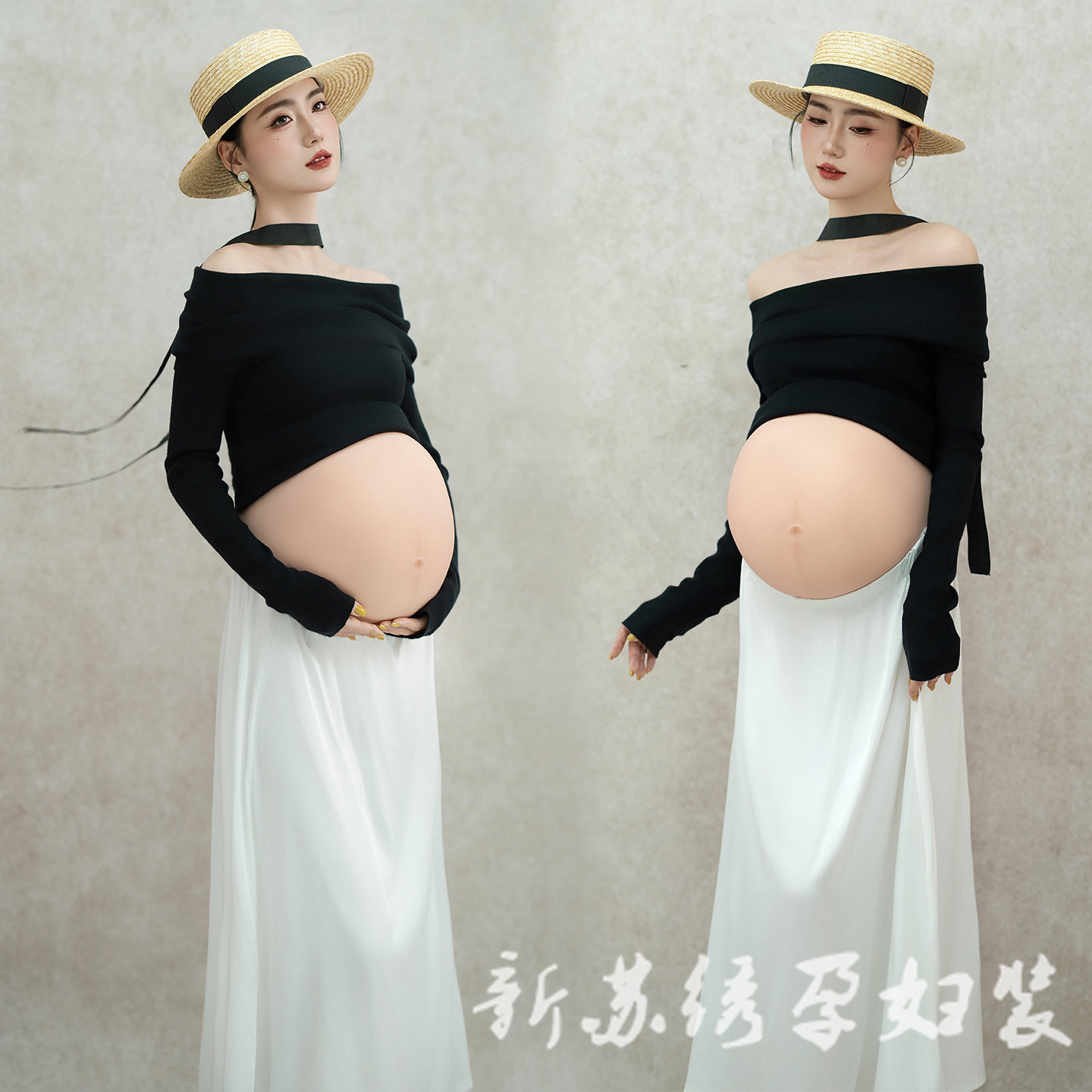 依媚坊孕妇写真法式一字肩毛衣