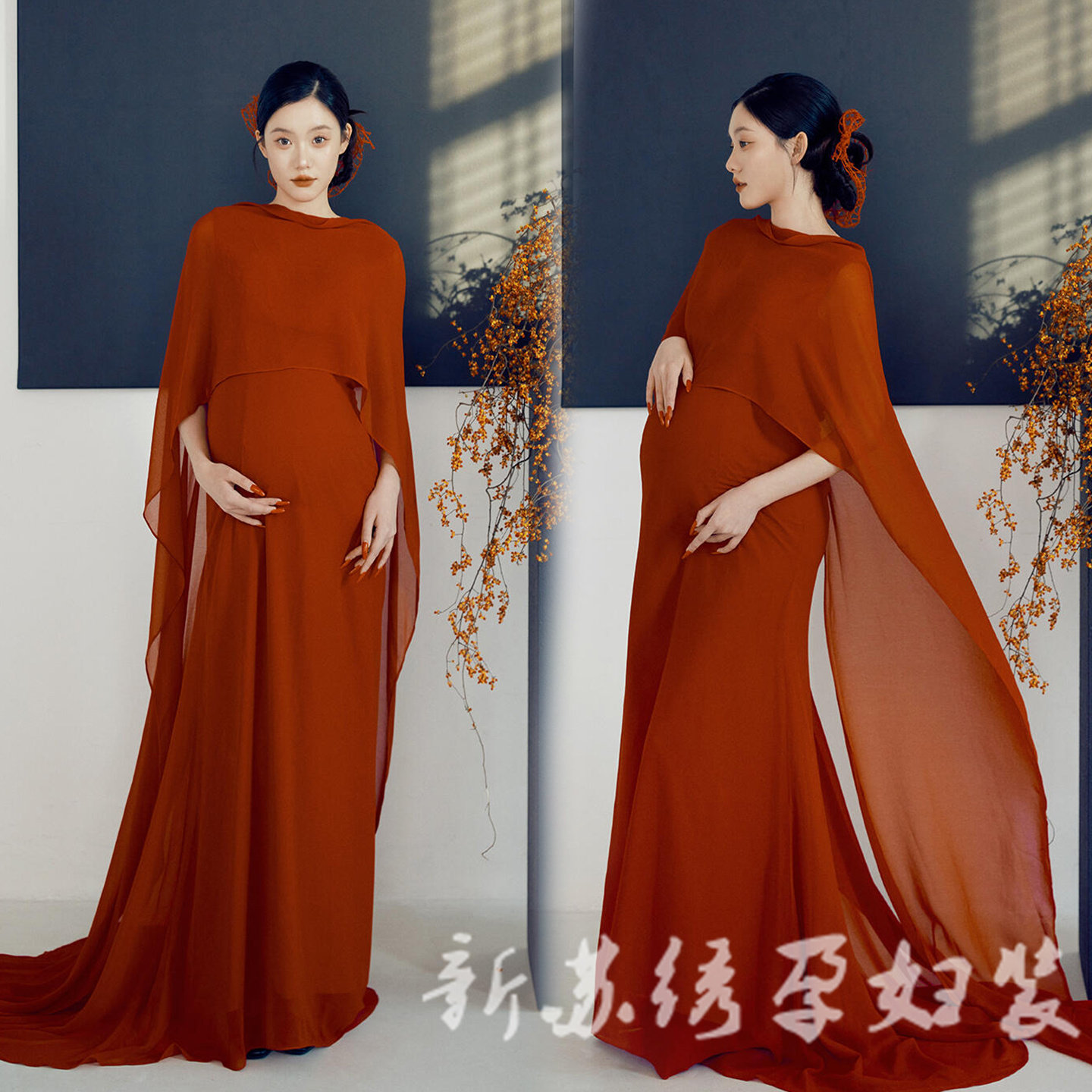 复古中式肖像禅意红色礼服孕妈咪