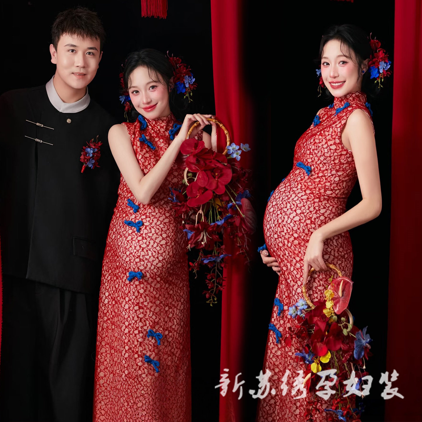 依媚坊孕妇写真喜庆红旗袍