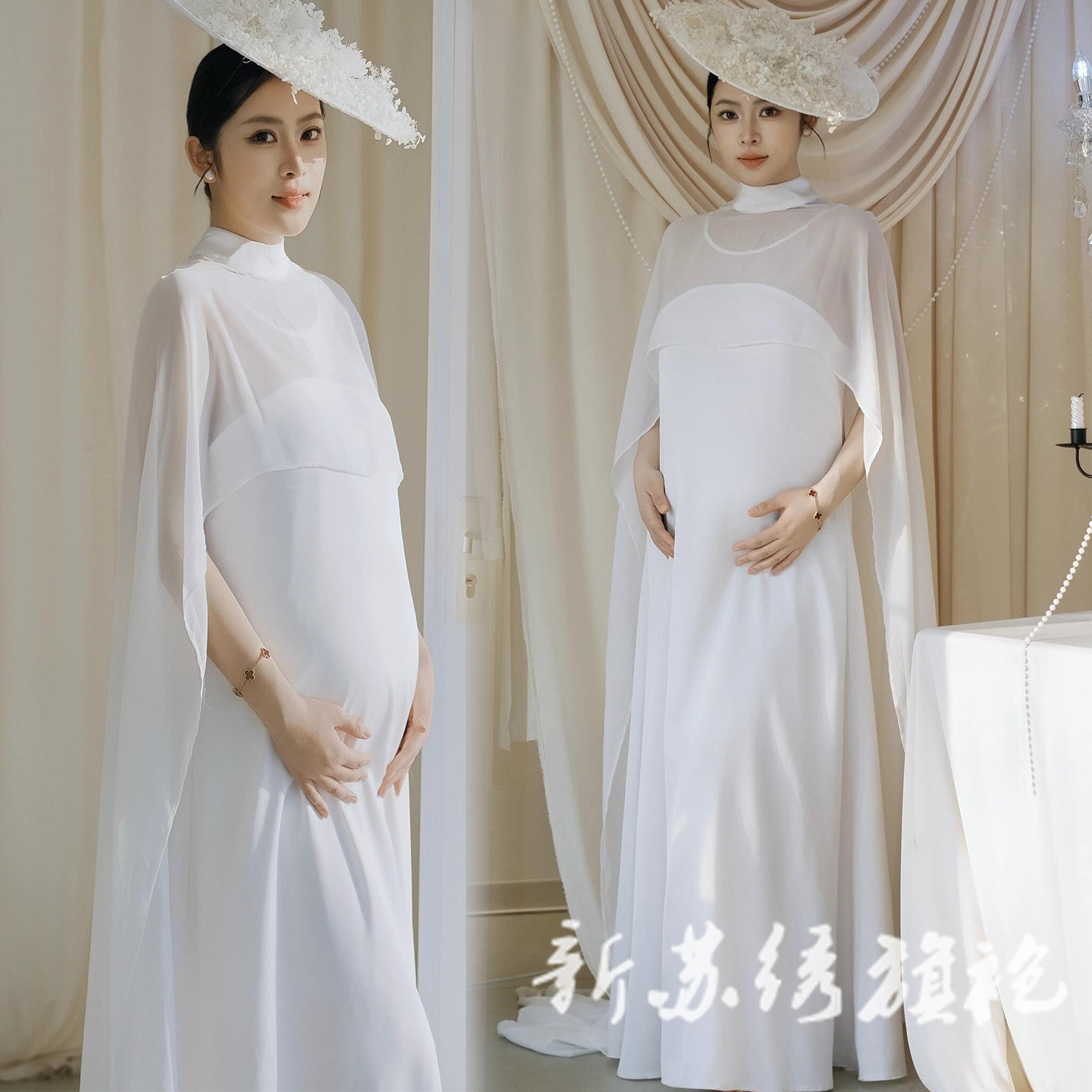 依媚坊孕妇法式白色礼服摄影服